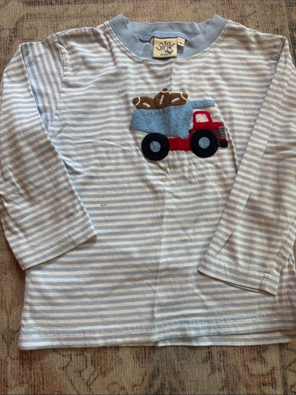 Light Blue Striped Long-Sleeve Tee with Red Truck Appliqué